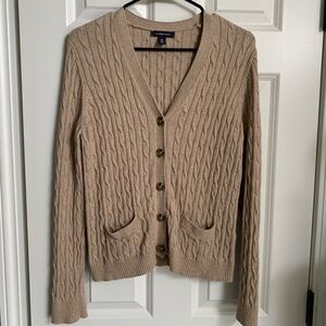 Lands' End Women's Beige Wool Cotton Cable Knit Cardigan